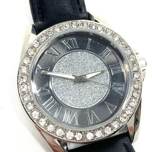 Kessaris Crystal Studded Analog Watch Black/silver Stainless Steel Faux Leather - Picture 2 of 8
